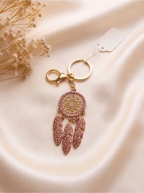 Pink Rhinestone Dreamcatcher Keychain Boho Feather Bag Charm Gold Tone NWT